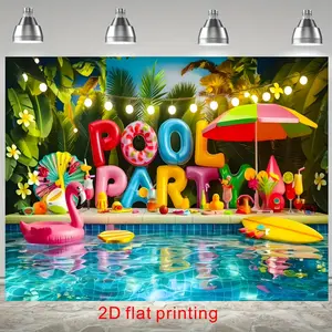 2D Flat Summer Pool Party Photography Backdrop Featuring a Tropical Birthday Pool Party Banner with Hawaiian Green Palm Trees And a Blue Pool, Designed As a Backdrop for Party Decorations And Photo Props