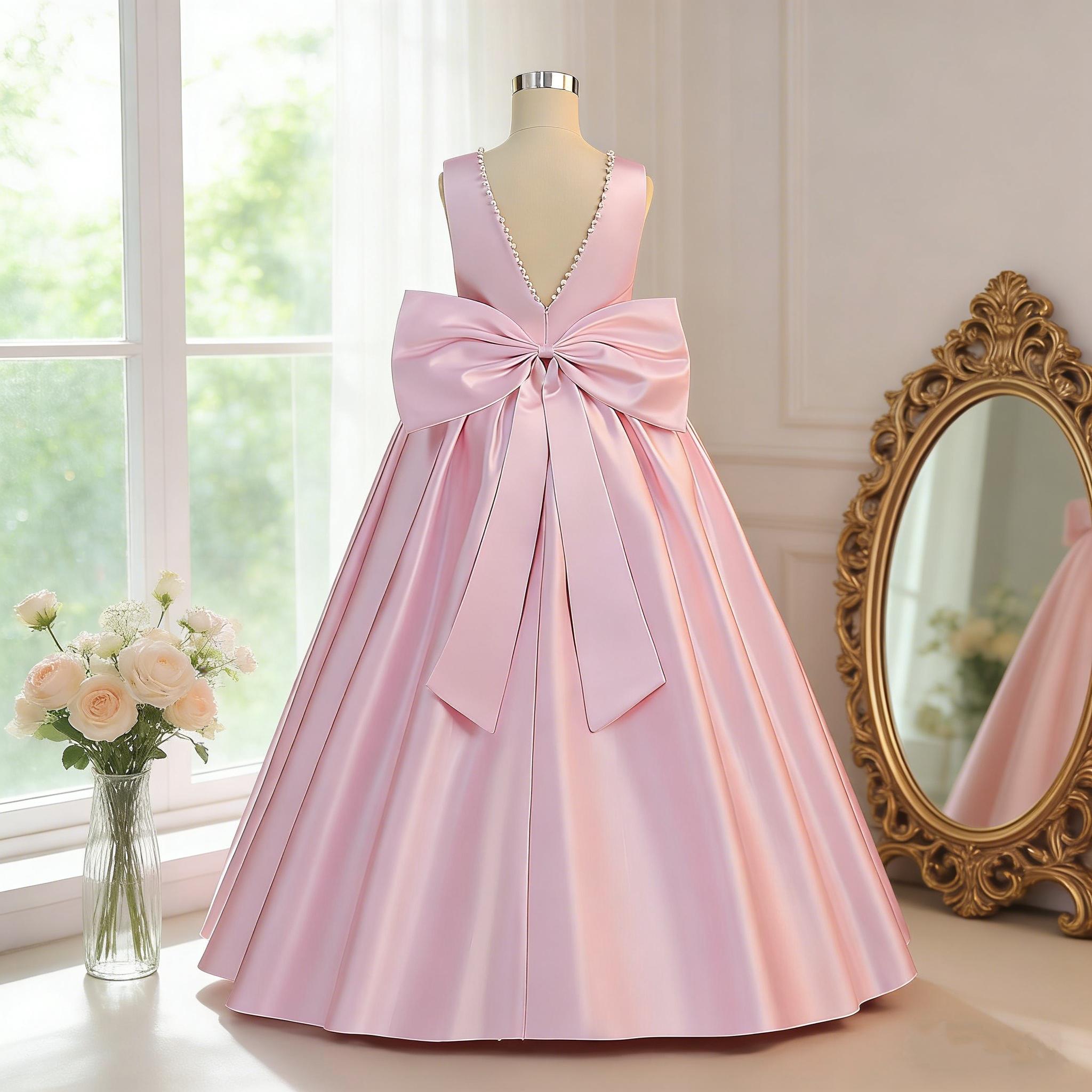 Girls Princess Dress  Bow Beading Ball Gown for Piano Playing Violin Performance Performance Costume Children's Hostess Fashion Show Dress