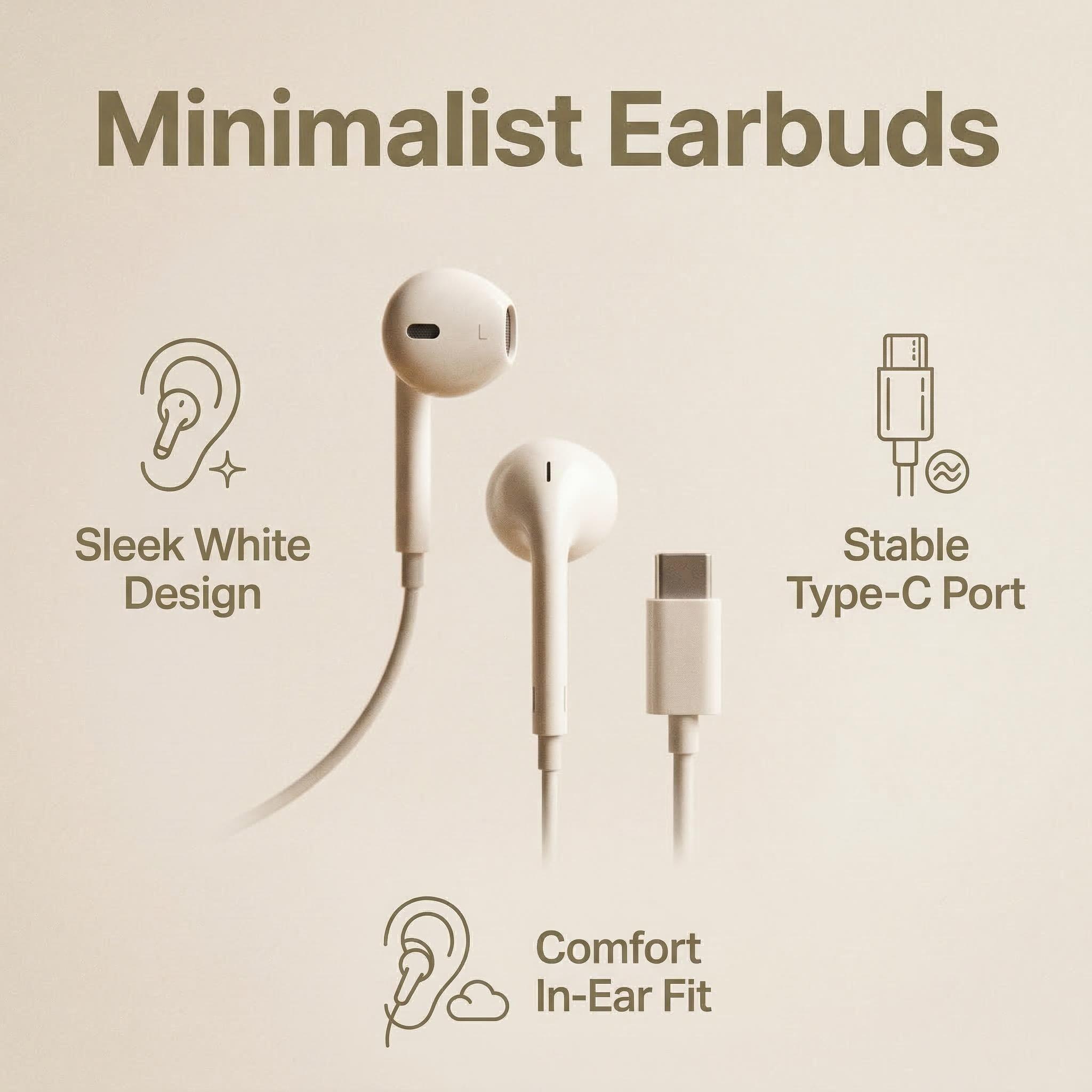 Type-C Wired Semi-In-Ear Everyday Earbuds, Minimalist Design, Clear Audio, Crisp Calls, Compatible with iPhone & Android, Ideal for Daily Use