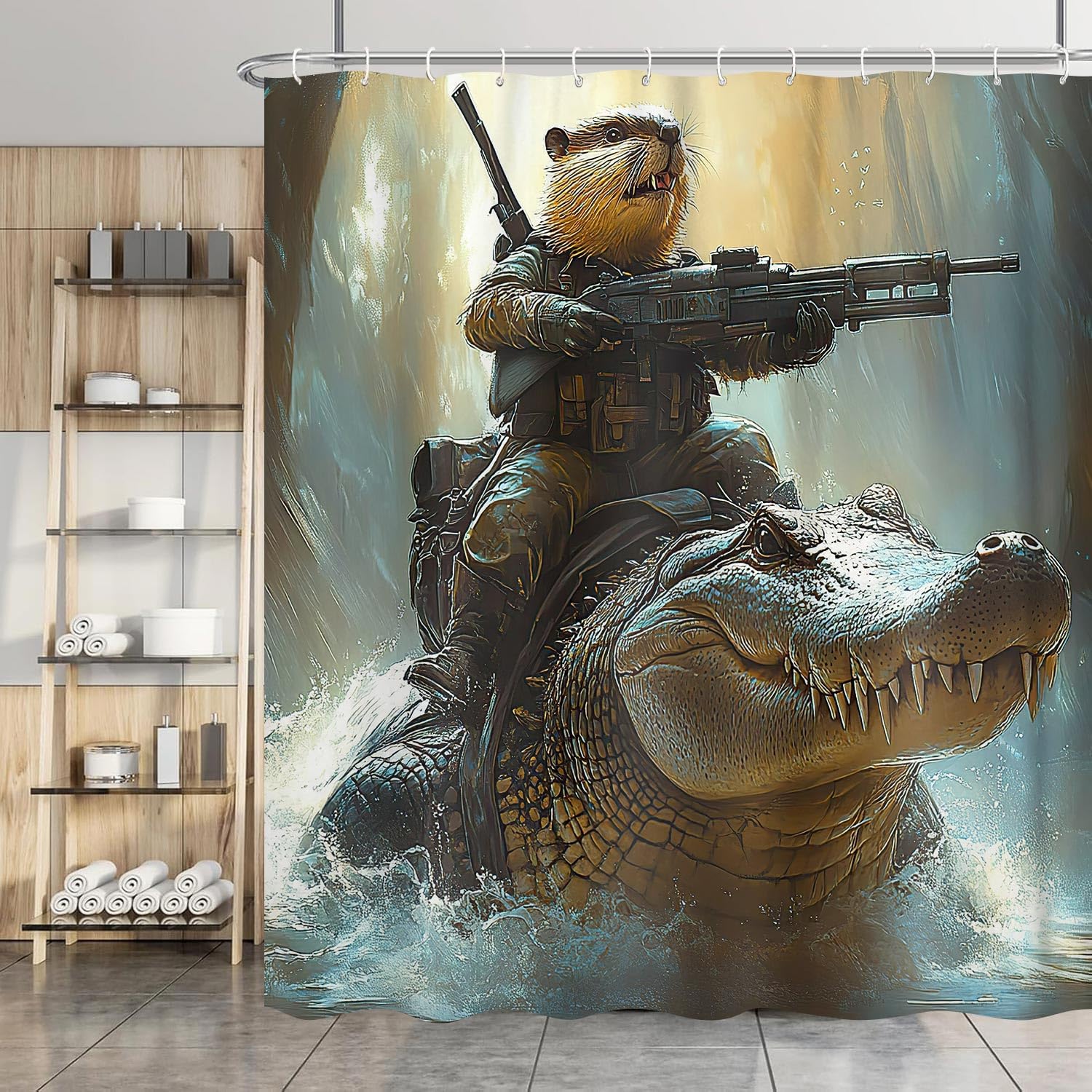 Funny Cat Knight Riding Shark in Space Battle Shower Curtain - Humorous Cat Laser Gun Galaxy Print, Waterproof Fabric Bath Curtain with 12 Hooks | Novelty Kids Bathroom Decor #showercurtain #catmeme #sharkdecor #spacecat #funnybathroom