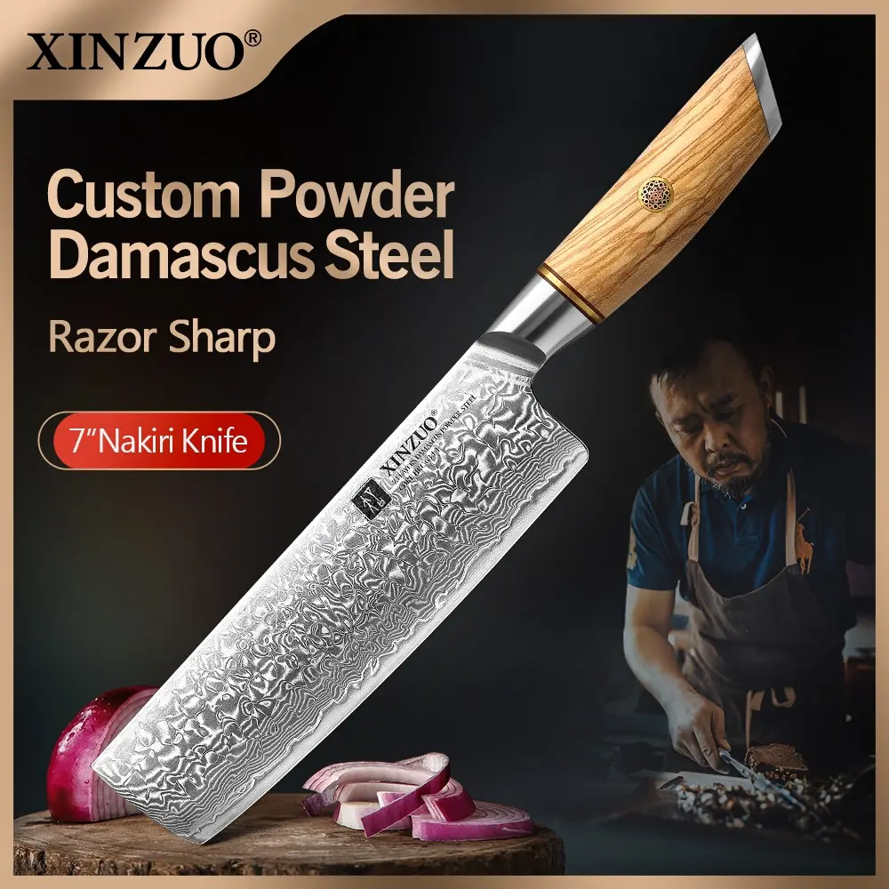 XINZUO Lan Series Damascus Powder Steel 18.2 cm Nakiri Knife, Sharp Kitchen Knife, 73 Layers, Damascus Powder Steel, Professional Chef's Knife with Ergonomic Olive Wood Handle