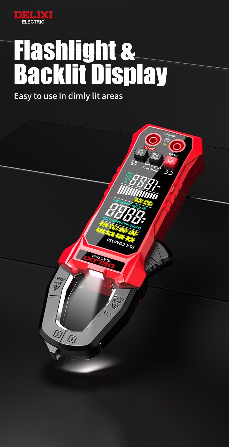 DELIXI Electric Clamp Meter Multimeter 6000 Count Auto-Ranging Voltage Tester, DLX-COA8320 AC/DC Voltage & AC Current, Non-Contact Voltage Testing, Temperature Continuity Resistance Diode Measurement Meter with Storage Bag
