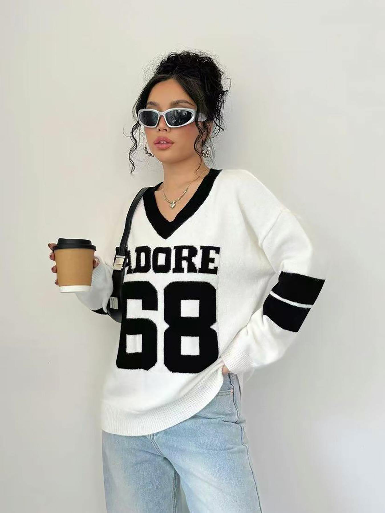 Autumn Winter Color Block V Neck Sweater for Women, Womenswear Casual Loose Knitwear with Letter Design, Trendy Streetwear, Comfortable Long Sleeve Sweatshirt, Tops