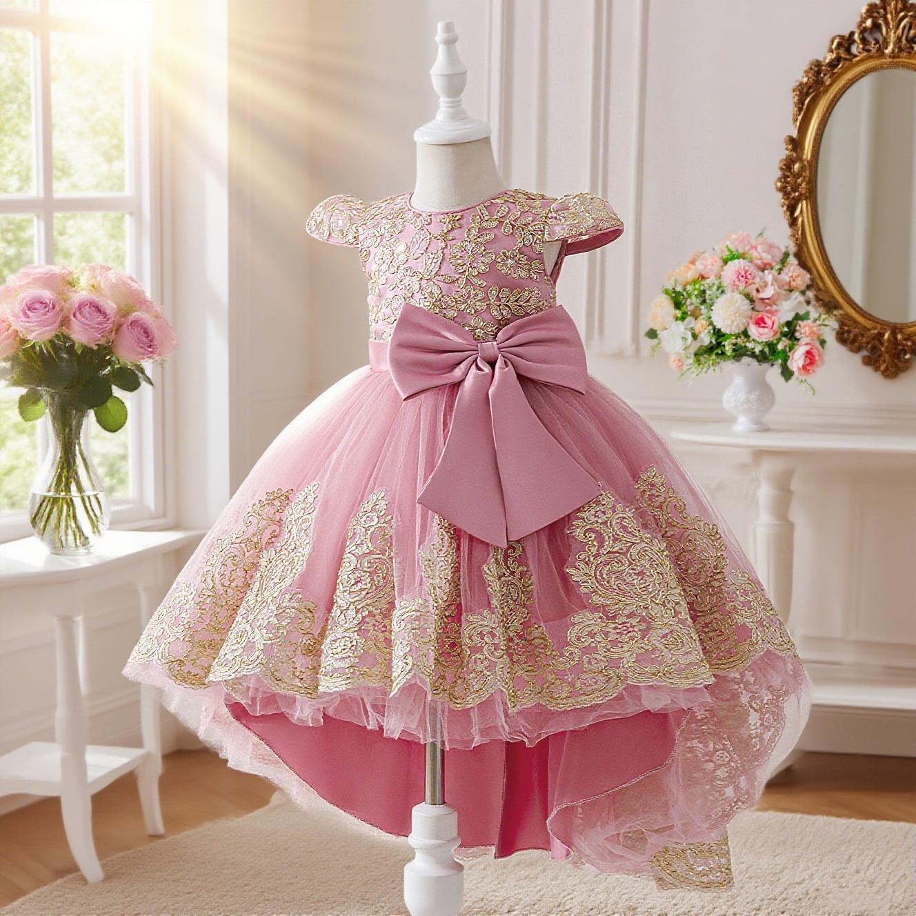 Champagne color dress with floral embroidery train design elegant and beautiful dress suitable for girls birthday party anniversary and prom Frill Trim Dress Birthday Party Dresses