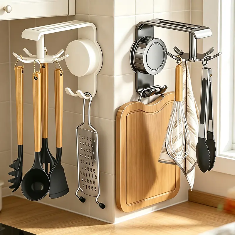 No-Drill Strong Suction Cast Iron Kitchen Utensil Hooks - 360° Rotatable, Easy to Install & Remove, Versatile Wall Hooks for Kitchen Decor, Bathrooms - Ideal for Towels/Utensils, Keys