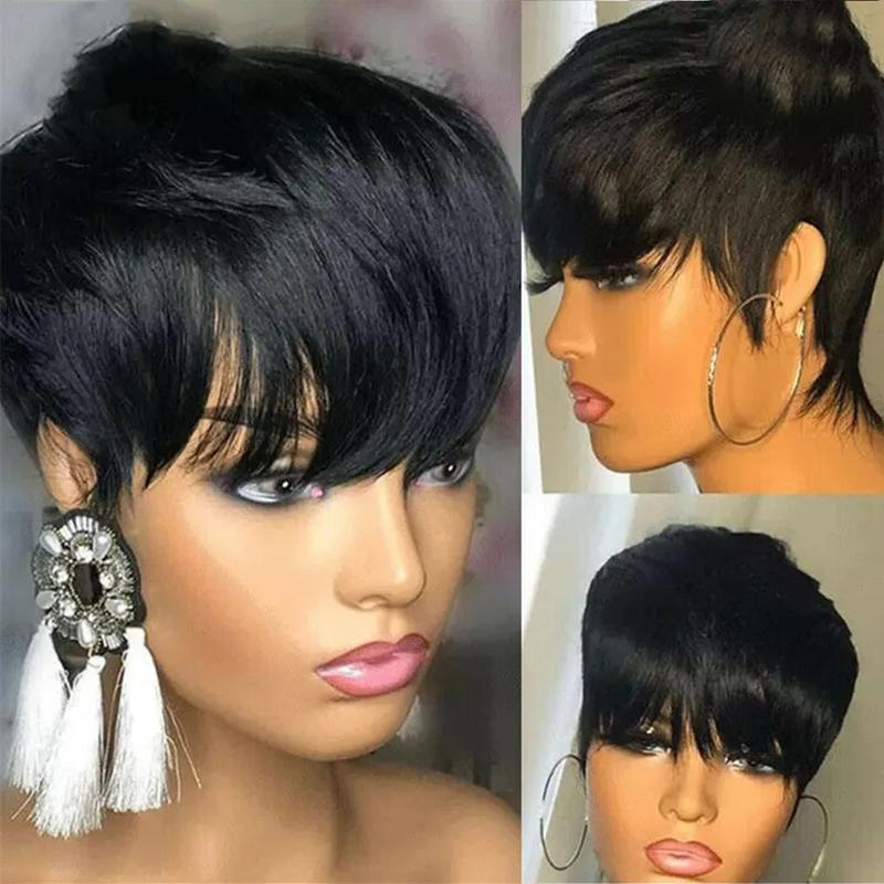 Cikana Hair Short Human Hair Pixie Cut Wig Straight Hair Brazilian Hair Wig For Black Women Machine Made Wig With Bangs Cheap Human Hair Wig