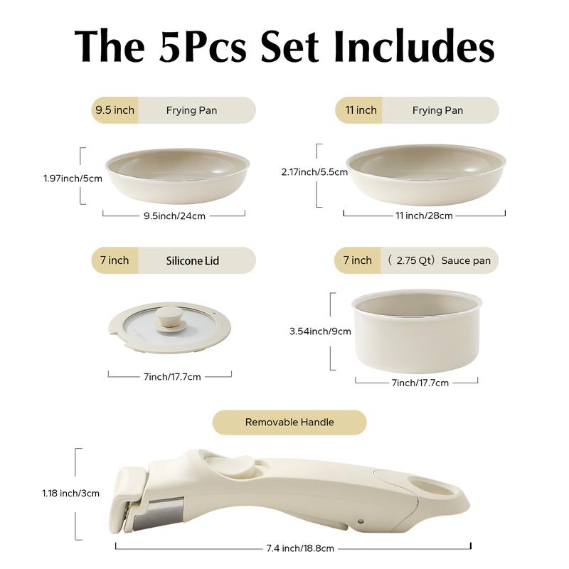 【New Year Sale】Redchef Removable Handle Pots And Pans Non Stick, Ceramic Cookware Set, RV Cookware Set, Non Toxic Pots And Pans Set No PFAS & PTFE & PFOA, Detachable Pots And Pans, Dishwasher & Oven Safe