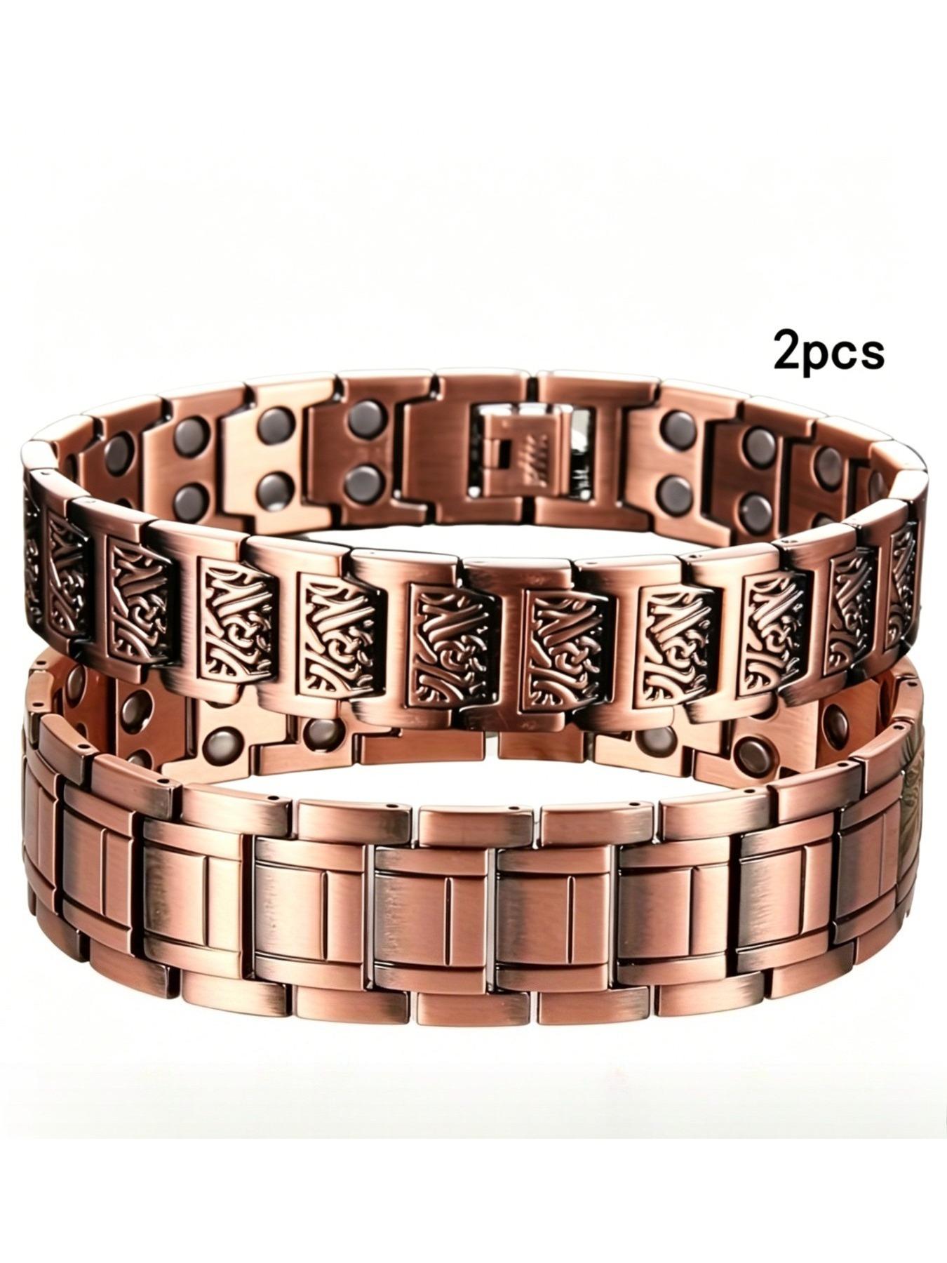 Men's Magnetic Bracelet - 3500 Gauss 3X Magnet, Adjustable Copper Belt Size Tool, 2 Styles (Interlocking/Smooth), Strong Magnetic Field Joint Protection, Ideal Father's Day Gift