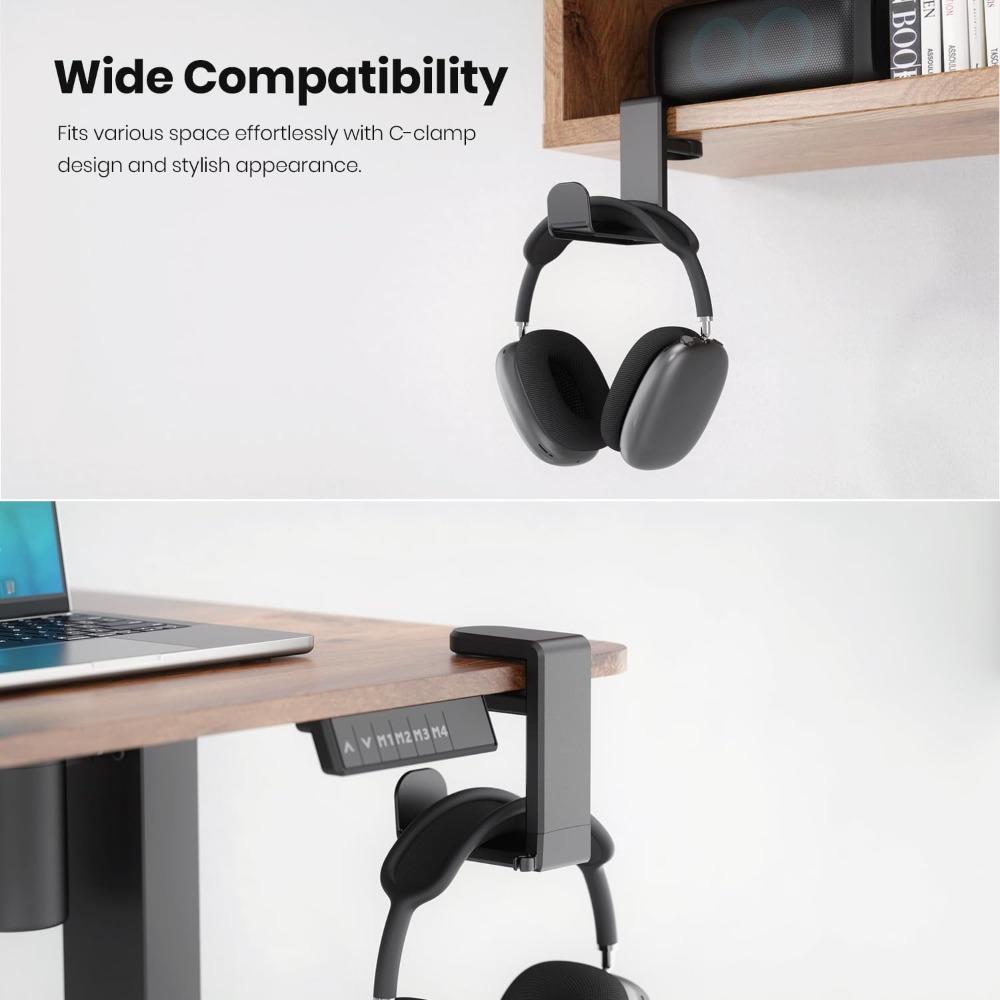 Rotating headset bracket-computer game headset bracket, adjustable clip under the table, with 360-degree rotation and cable clip organizer-black
