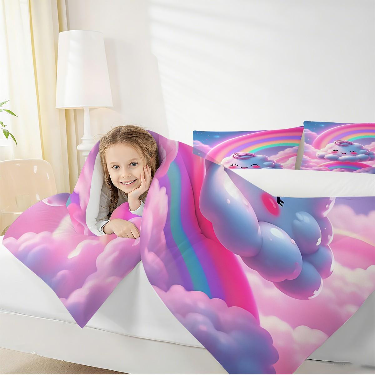 2/3 Dreamy and Cute Style Comfortable Comforter Set, Using Cute Cloud Printed Quilted Bedding Set, Soft and Breathable, Creating A Dreamy Atmosphere for A Girlish Bedroom. Includes 1 or 2 Pillowcases (Excluding Pillow Core).