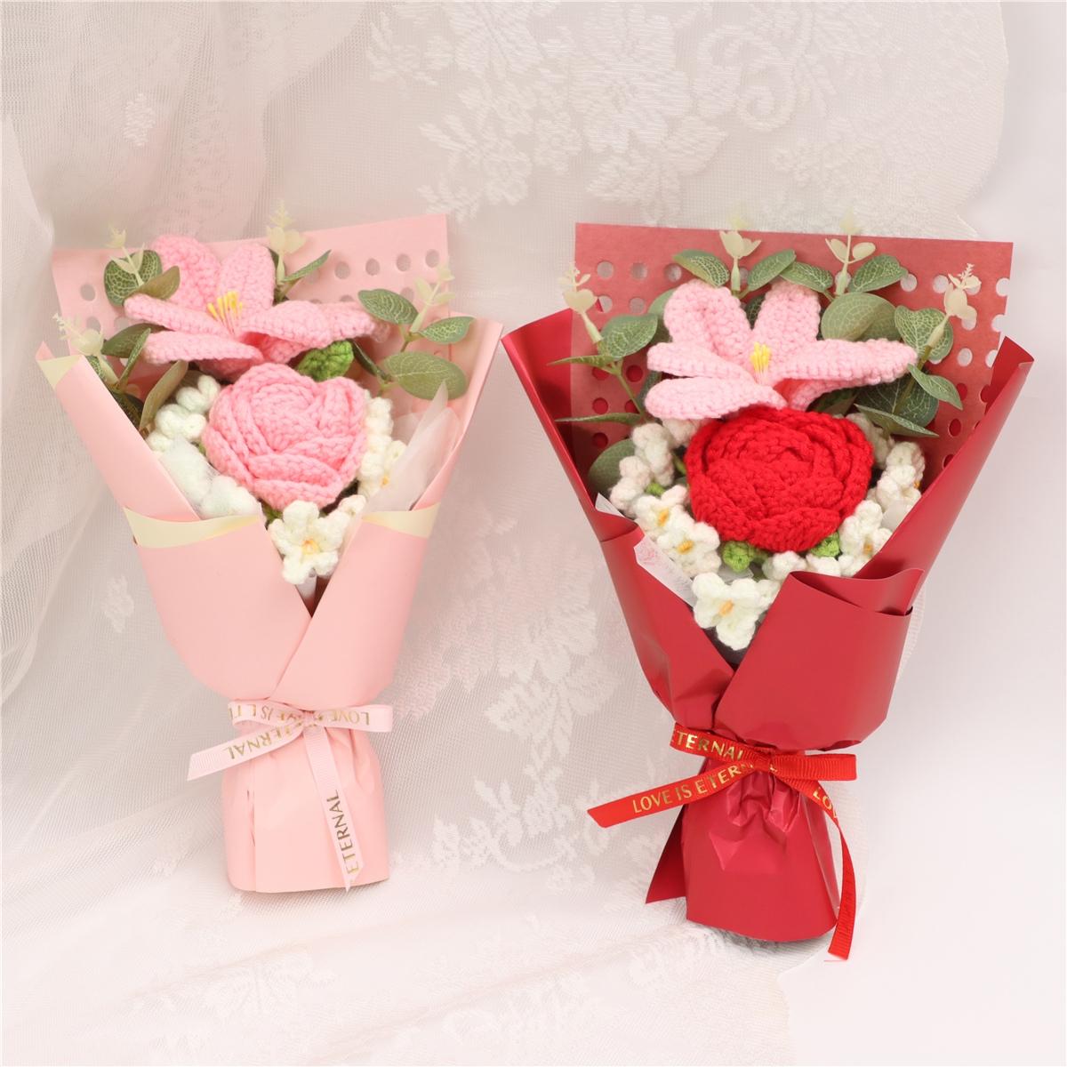 Realistic Tulip Rose Bouquet, Handmade Knitted Flower Arrangement, Crochet Artificial Flowers, Wedding Decoration, Christmas Valentine's Day Gift, Party Present