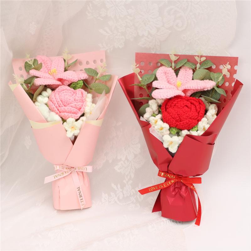 Realistic Tulip Rose Bouquet, Handmade Knitted Flower Arrangement, Crochet Artificial Flowers, Wedding Decoration, Christmas Valentine's Day Gift, Party Present