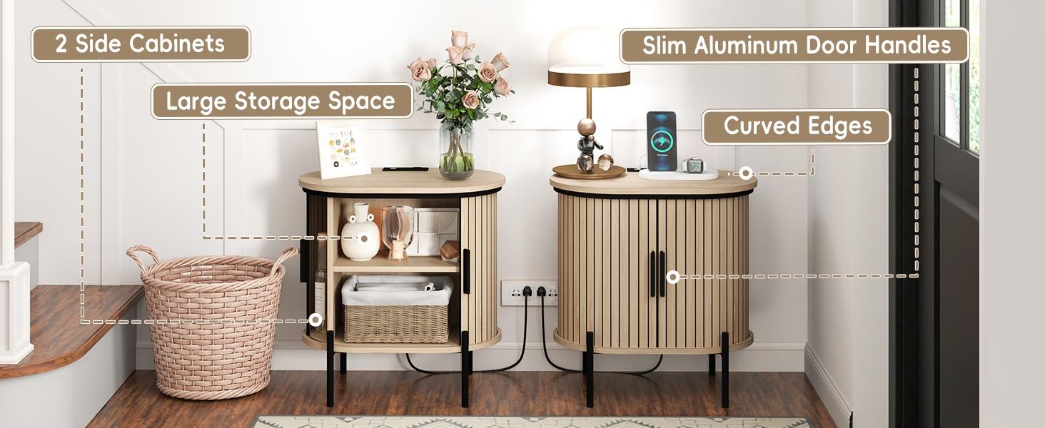 [SpringStatements] EBELLO Grooved End Table with Charging Station, Mid-Century Modern Nightstand, Entryway Cabinet for Living Room, Bedroom, Small Spaces, Walnut