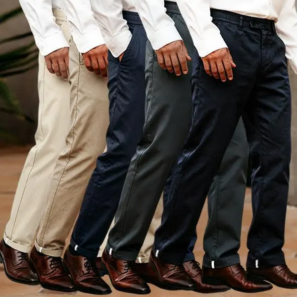 Men's slim-fit dress trousers made of cotton and spandex, available in multiple colors (sizes: 28-38).Men's Slim-Fit Formal Cropped Trousers, crafted from a cotton-spandex blend fabric, available in a variety of colors (Sizes: 28–38).