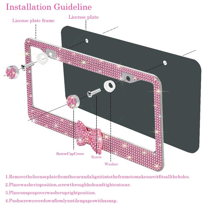 2pcs Sparkling Frames For Women - High-quality Stainless Steel Raine Stone Labels Covered With Handcrafted Crystal Diamonds And Gift Bows, Sparkling Car Parts For Girls Personalized Car Plate