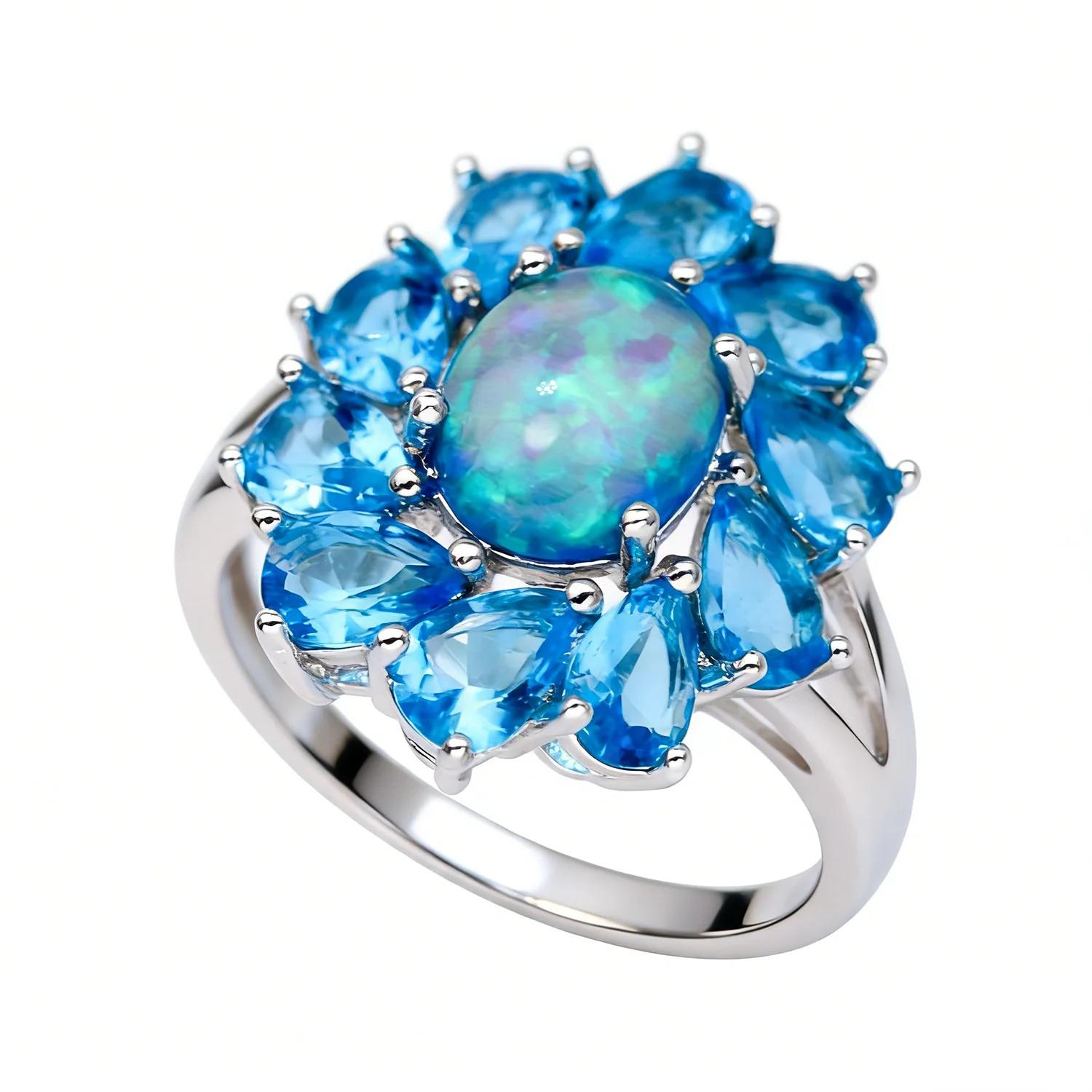 Luxury Floral Rainbow Stone & White Opal Birthstone Rings For Women Fashion Vintage Jewelry Christmas Wedding Gift for Lovers