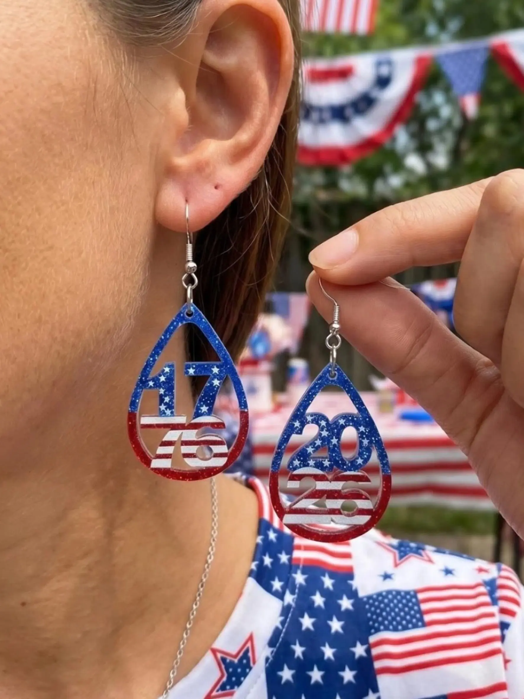 Usa Independence Day 250th Anniversary Earrings, Acrylic Material, Stainless Steel Ear Pin, Blue Heart Drop Number Earrings