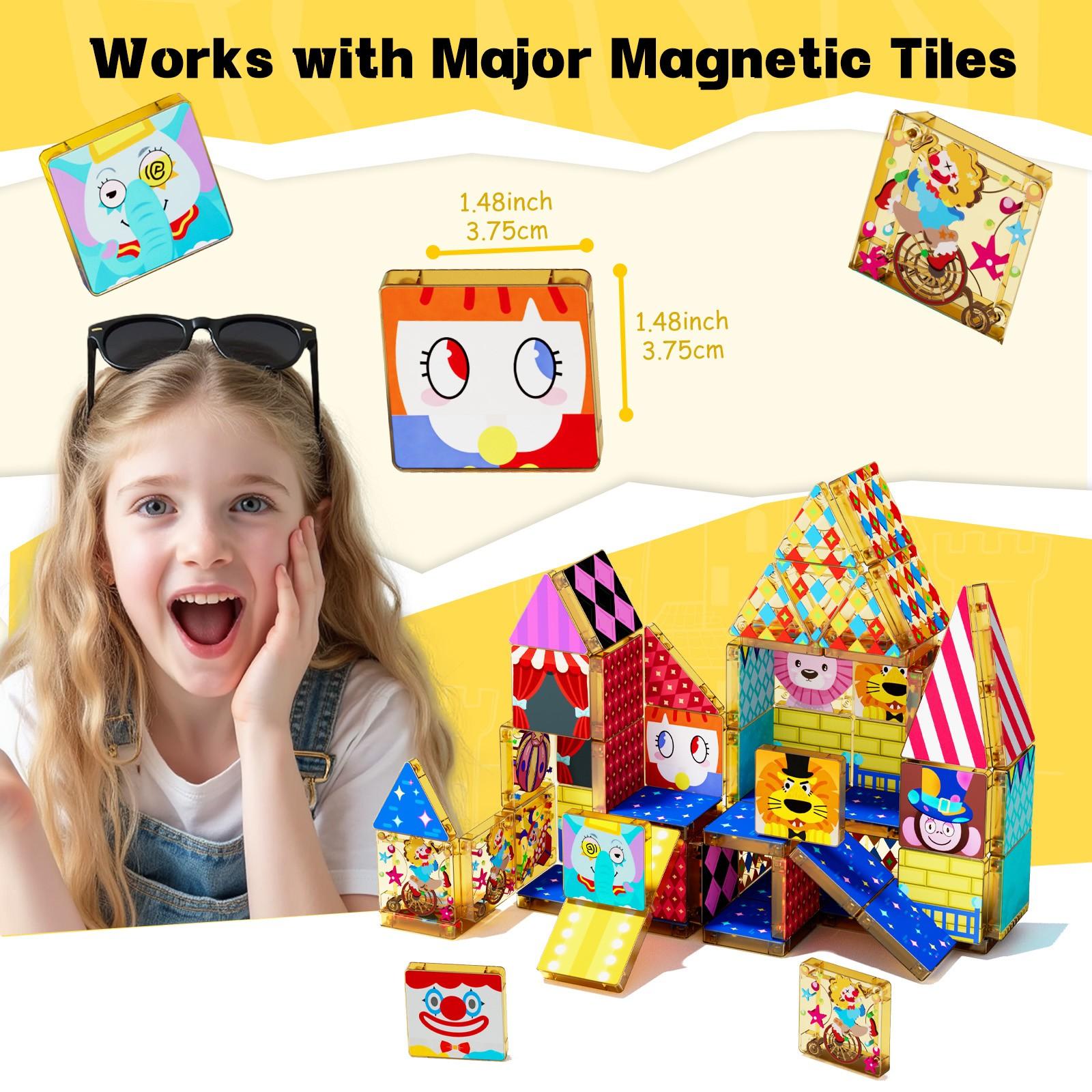 【New Sticker Set】60PCS,1.48inch Creative Sticker Magnetic Tiles,Circus Series，Magnet Building Blocks Cubes Construction Stacking Educational Assembly Toy Preschool STEM Play Creative Playboard for Toddler Kids Ages 3+,Kids Toys best gift