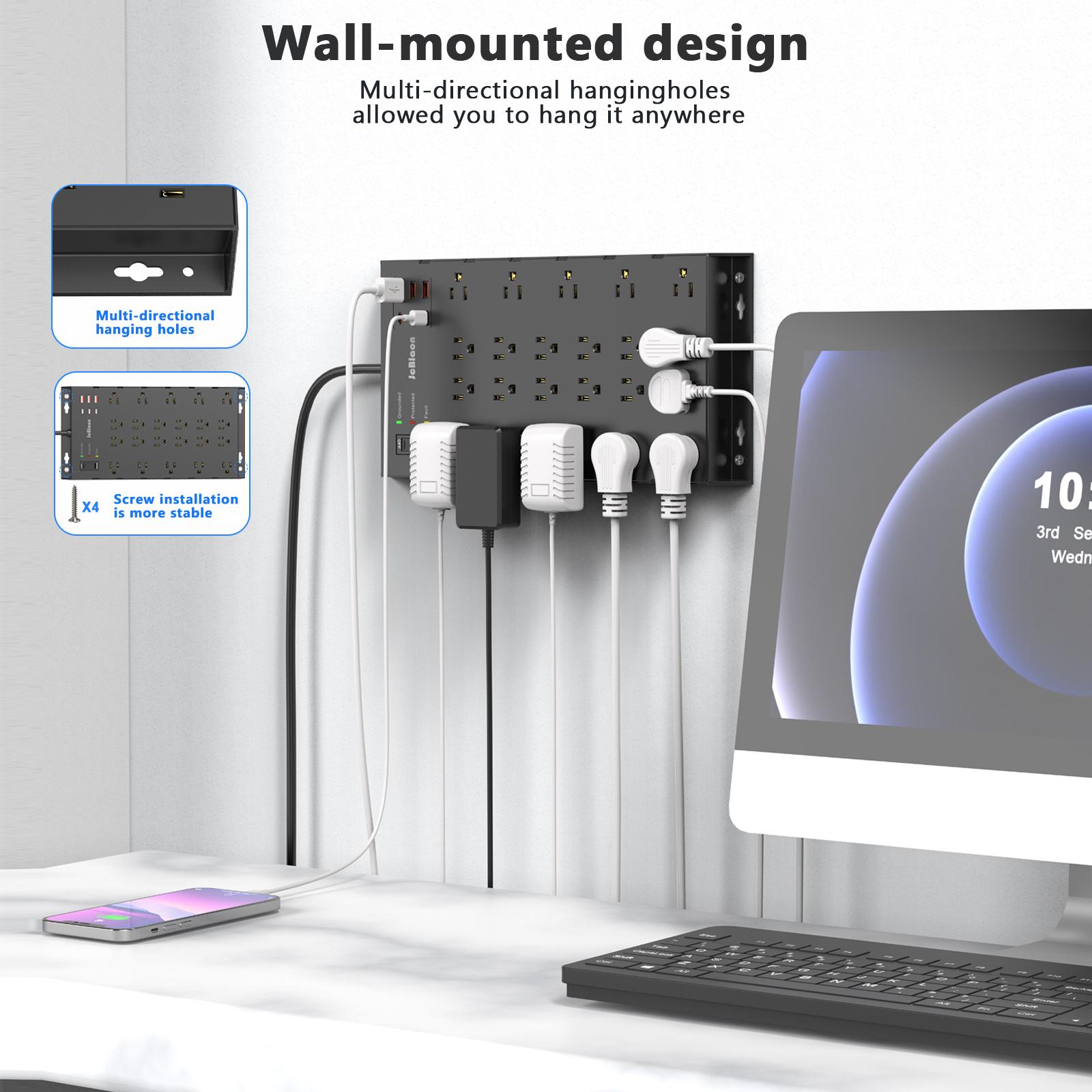 Power Strip, Surge Protector with 22 Outlets & 6 USB Charging Ports, 6.5Ft Flat Plug Heavy Duty Extension Cord (1875W/15A)，2100J, 14AWG, Black