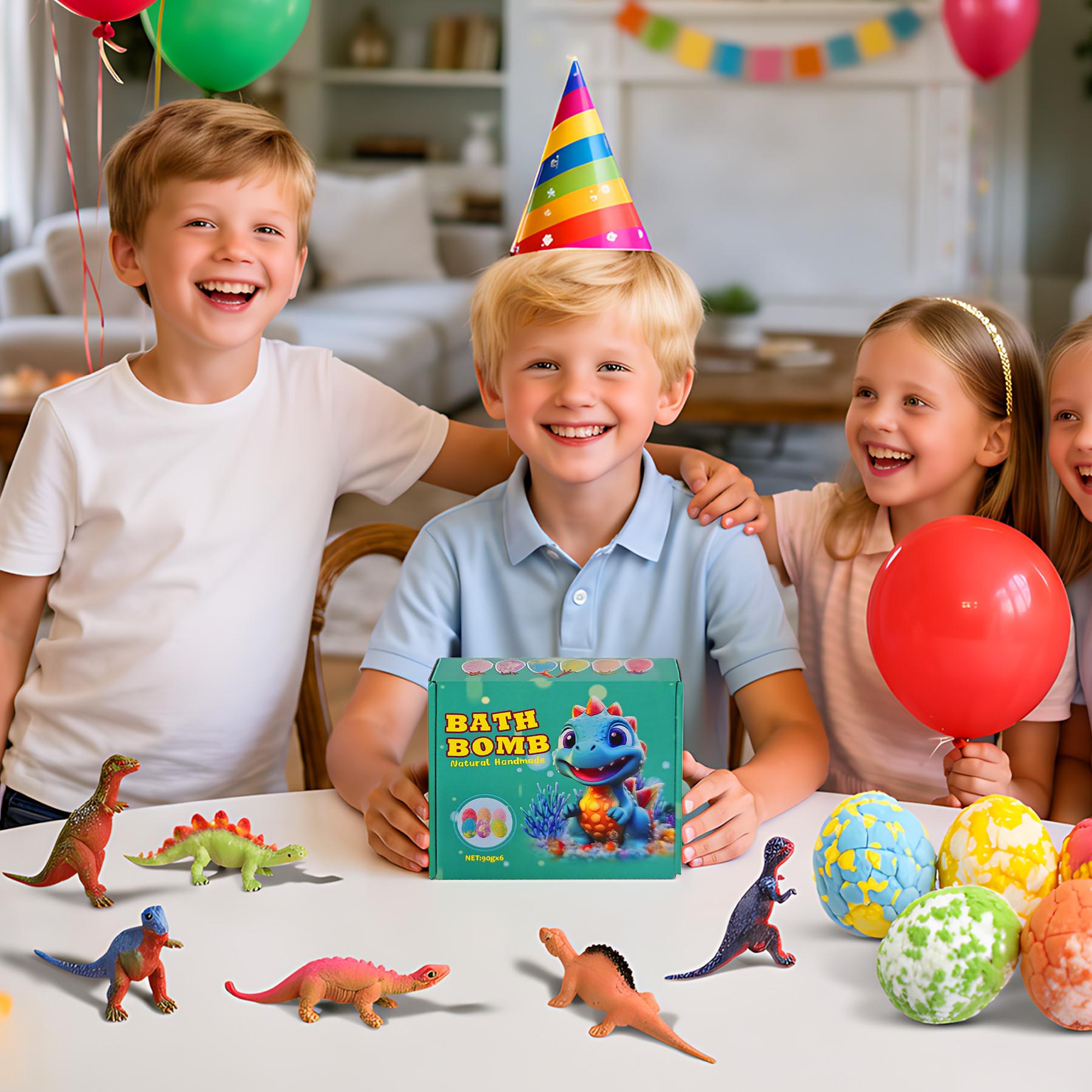 Dinosaur Egg Toy Bath Salt Balls Set, 6-Piece Natural Handmade Multicolor Bath Bombs with Surprise Toys, Gentle Soothing Bubble Bath Fun