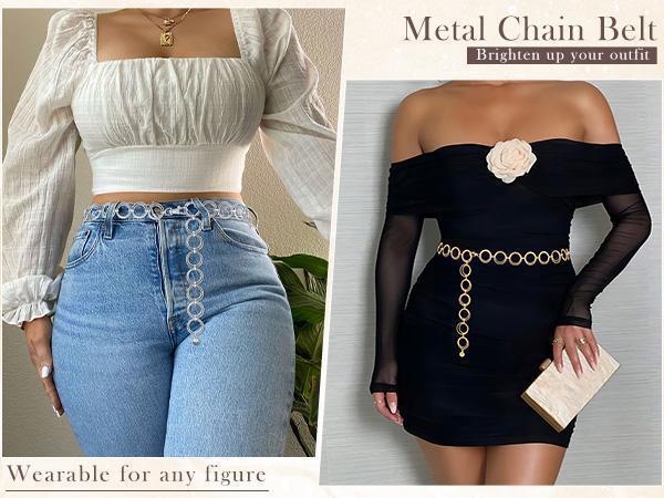 Women's Waist Chain, Gold-Plated Alloy Multilayer O-Ring Link Belt, Adjustable Design Belt for Dresses, Jeans & Club Outfits, Adjustable Strap Belt