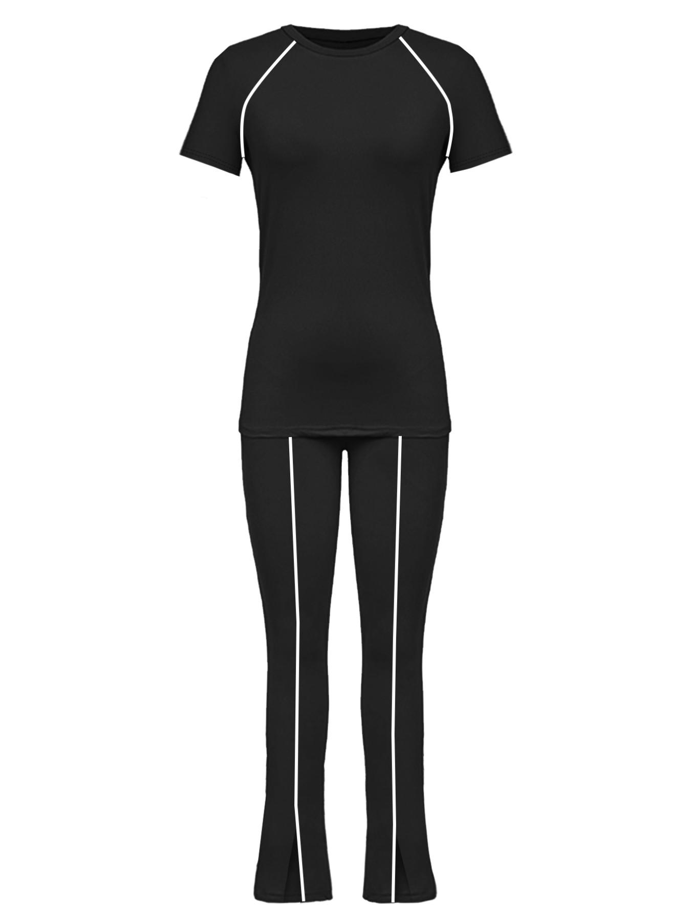 Women's Summer Round Neck Short Sleeve Fitted Pants Set Outfit, Classic Solid Color Casual Wear Lightweight, Striped Sleeve Design for Relaxed Style Womenswear