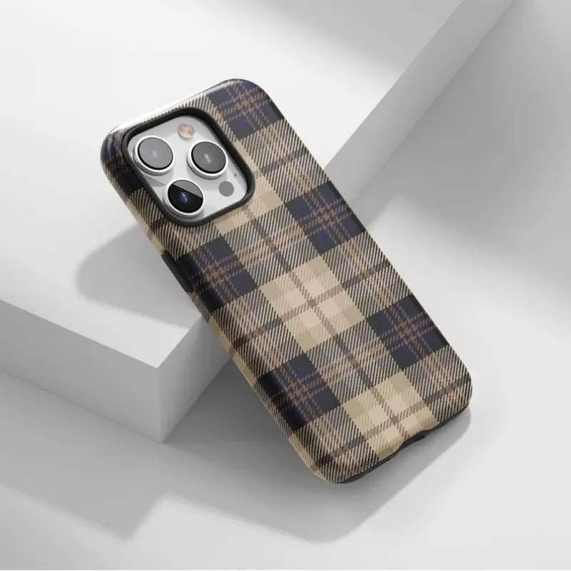 Navy Plaid Phone Case, Classic Tartan Check Cover, Neutral Preppy Aesthetic, iPhone 17 16 15 14 13 12 11 Pro Max, Striped Pattern
