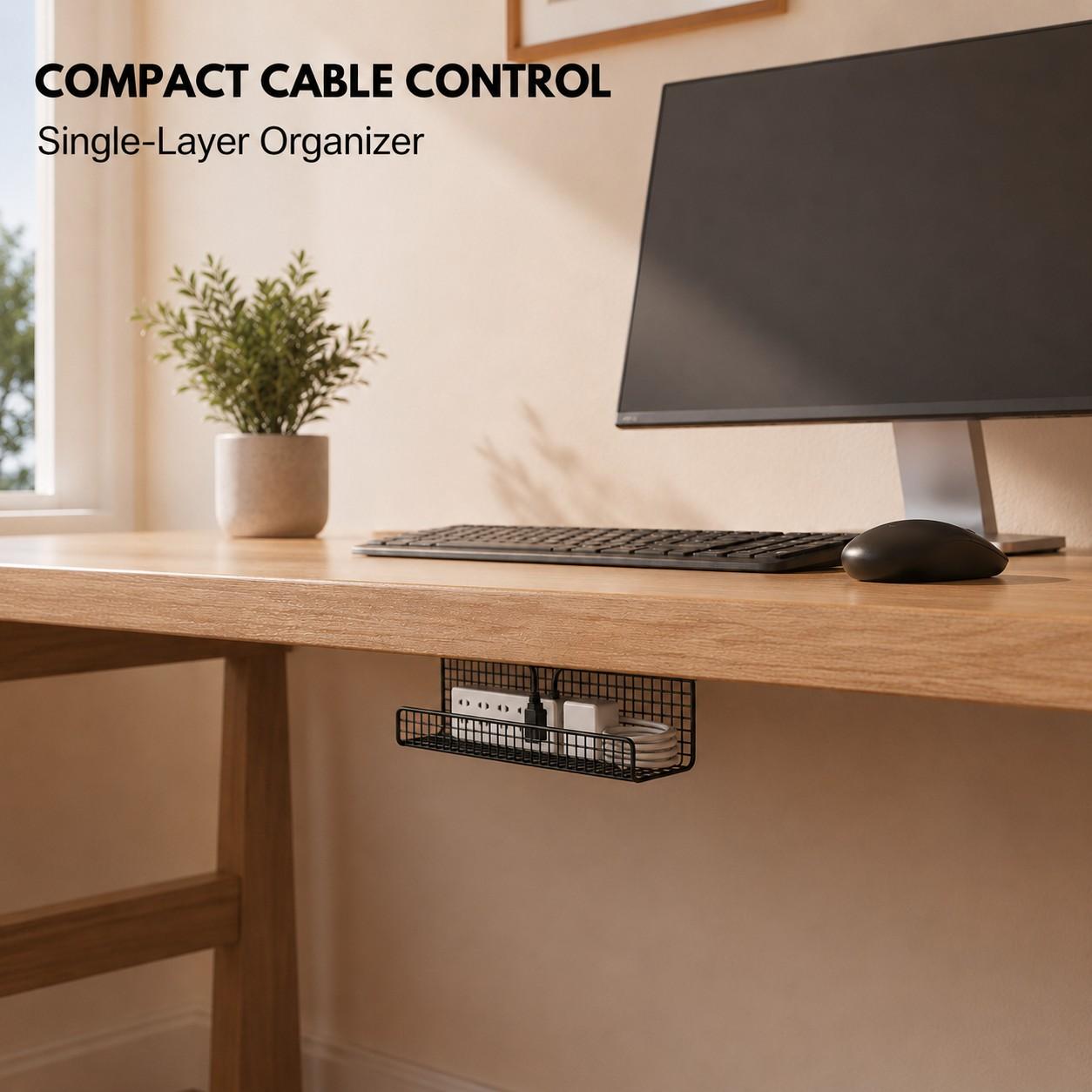 Wall-Mounted Desktop Cable Organizer, No Drilling Installation, Power Outlet & Adapter Holder, Metal, Home Office, Gaming Desk