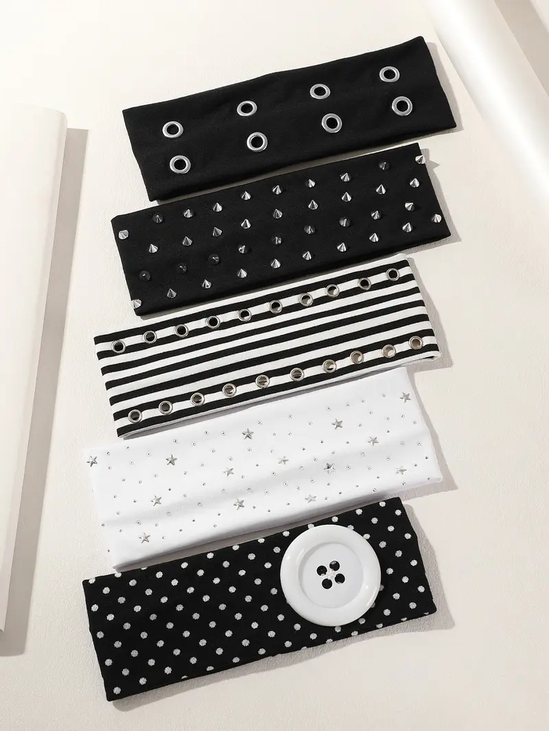 5pcs Punk Style Rivet Star Headbands for Women, Fashion Headbands, Striped Elastic Hair Bands, Millennial Chic Polka Dot Button Sports Face Washing Headbands