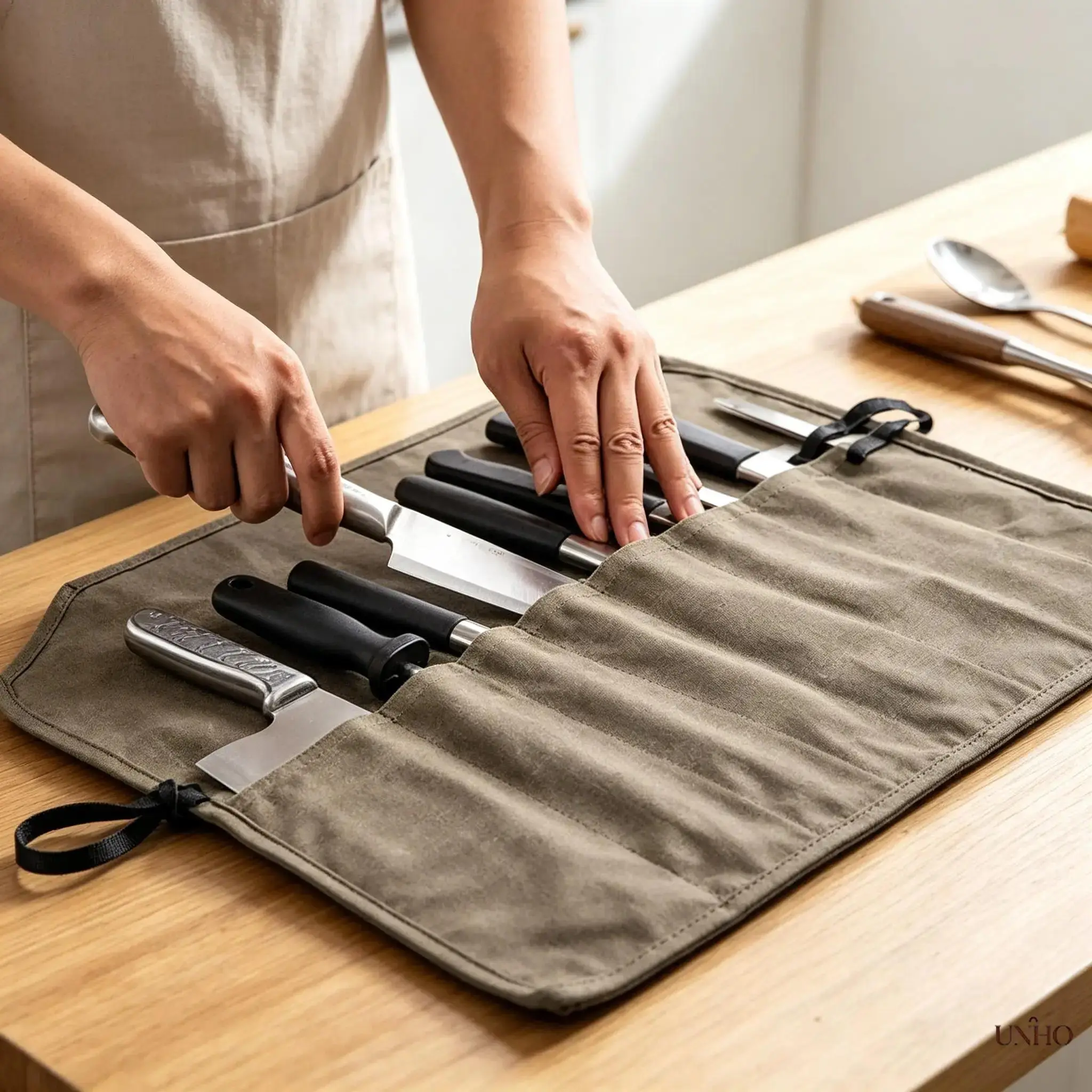 Sturdy Fabric Canvas Chef Knife Roll Bag - Lightweight Portable Cutlery Storage Pouch with Multi-Pocket Foldable Design for Kitchen, Outdoor Camping BBQ (Sports & Outdoor Use)