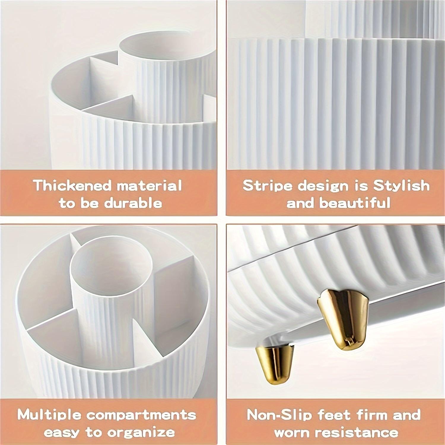 360° Rotating Makeup Organizer - 1pc Plastic Cosmetic Storage with 5 Compartments - Multi-Functional Holder for Brushes, Lipsticks, Skin Care Products, and Stationery - Durable Unscented Desk Caddy with Luxury Stripe Design