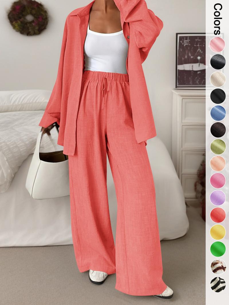 Women's Casual Sporty Shirt Long Pants Set, Loose Button-Up Top Wide Leg Pants Two-Piece Set, Comfortable and Stylish