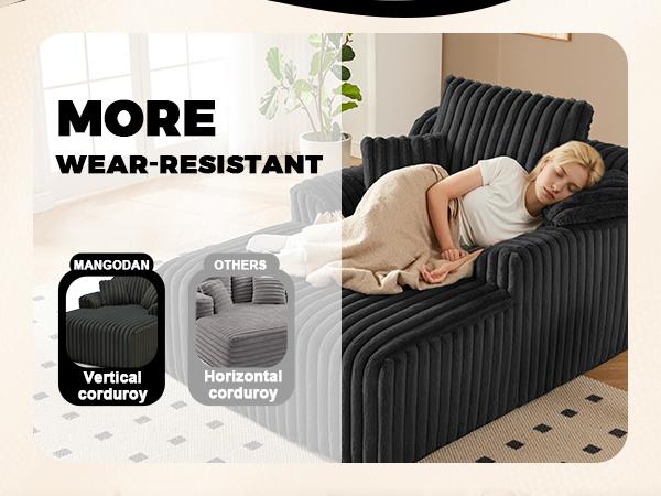 63" Oversized Chaise Lounge Chair Indoor, Boneless Couch Chair with 3 Pillows, Comfy Reading Chair with Wide Arms, No Assembly Required Corduroy Couch, Sleeper Sofa for Living Room