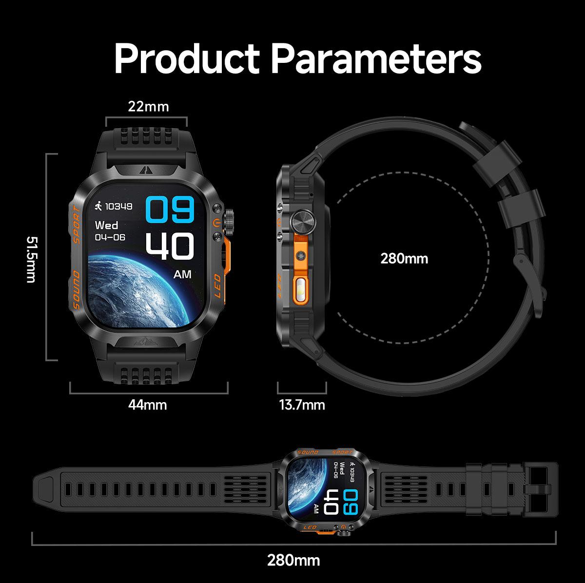 HT46 Outdoor Smart Watch Bluetooth Calling Heart Rate Sleep Blood Oxygen Monitor LED Light for Cycling Hiking Camping