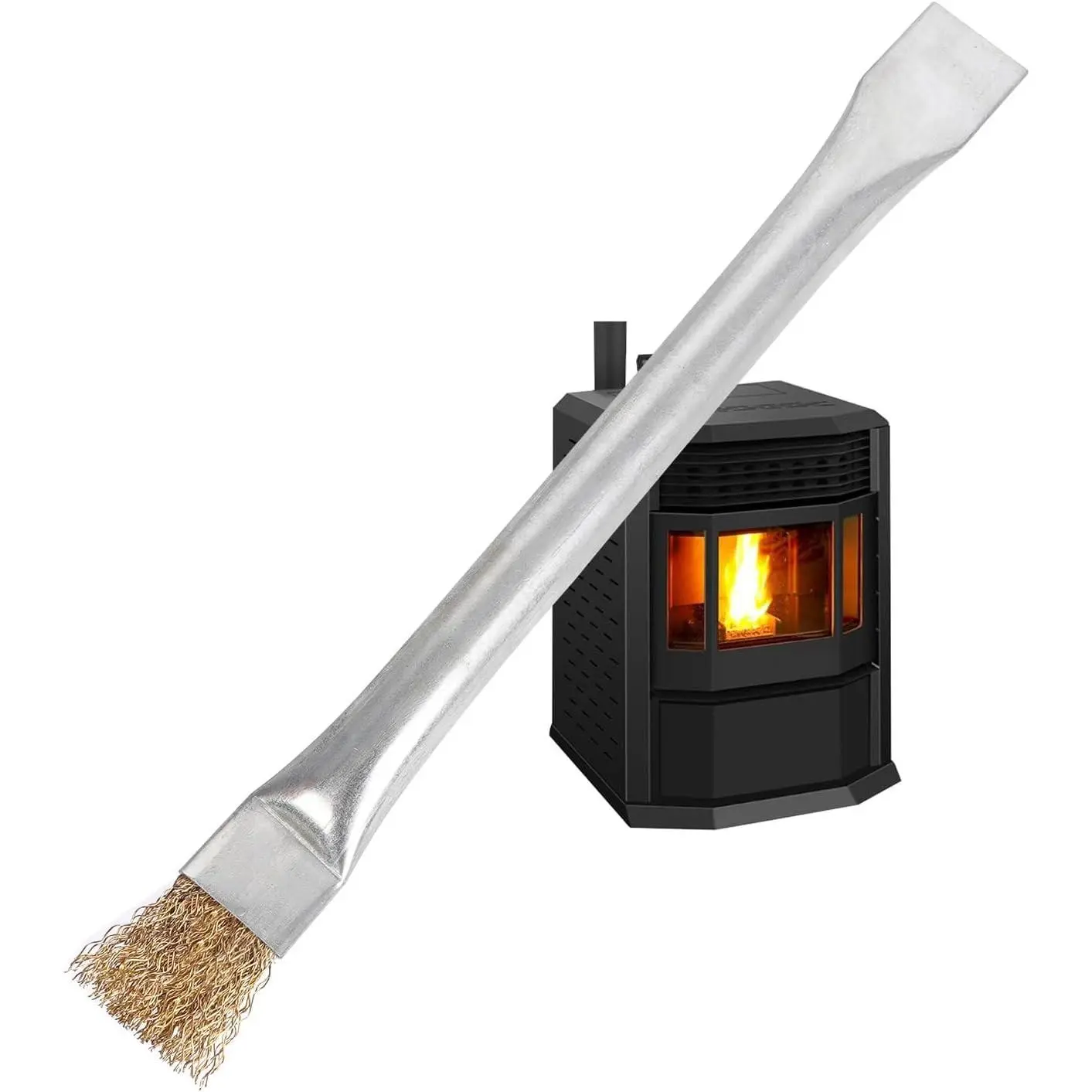Professional Steel Wire Pellet Stove Cleaning Tool - Metal Brush with Scraper Tip, Long Handle Accessory for Residue Removal (1pc)