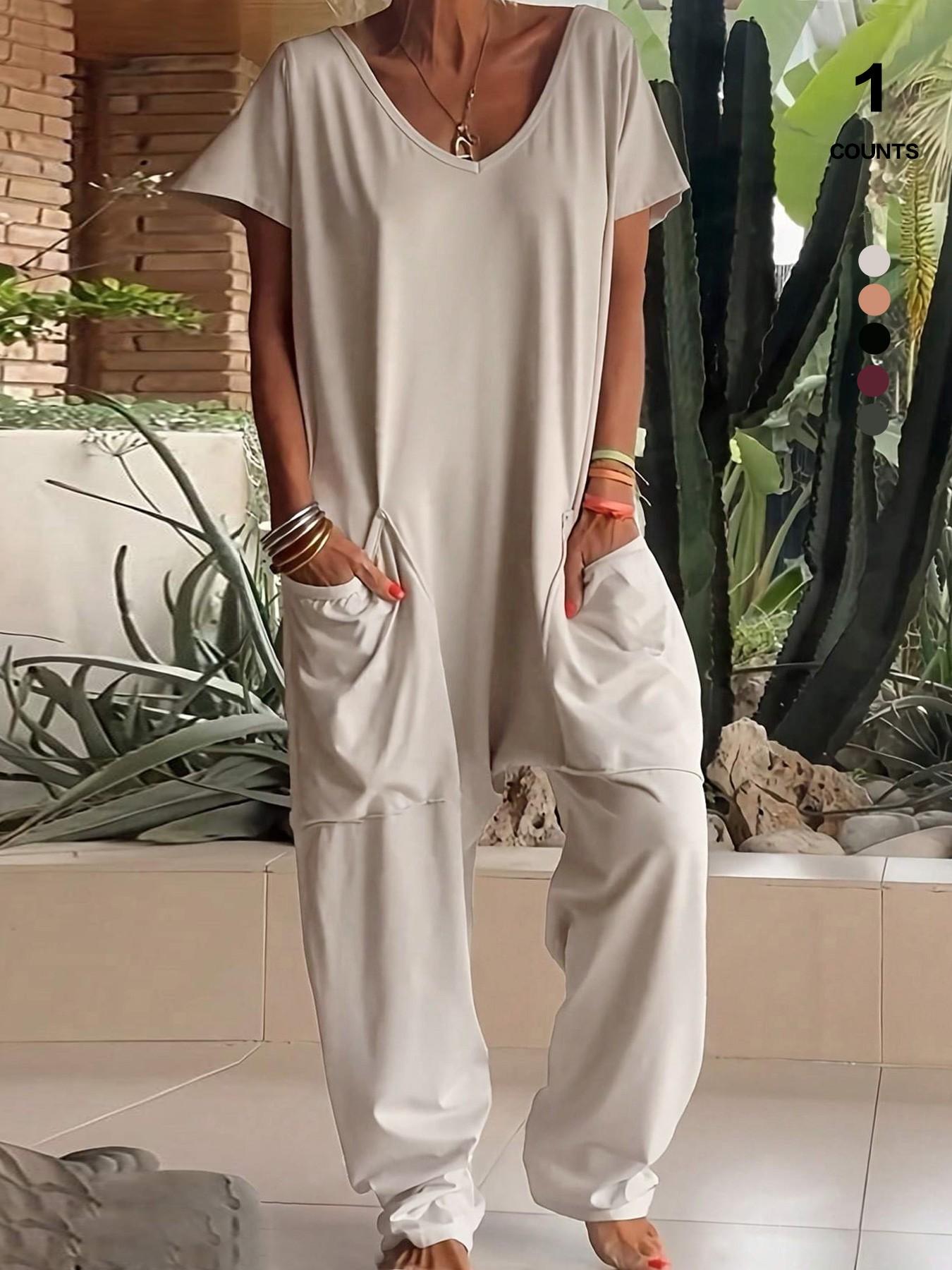 Women's Summer V-Neck Oversized Minimalist Jumpsuit, Sexy Backless Loose Fit Harem Pants, Casual Streetwear for All Seasons Womenswear