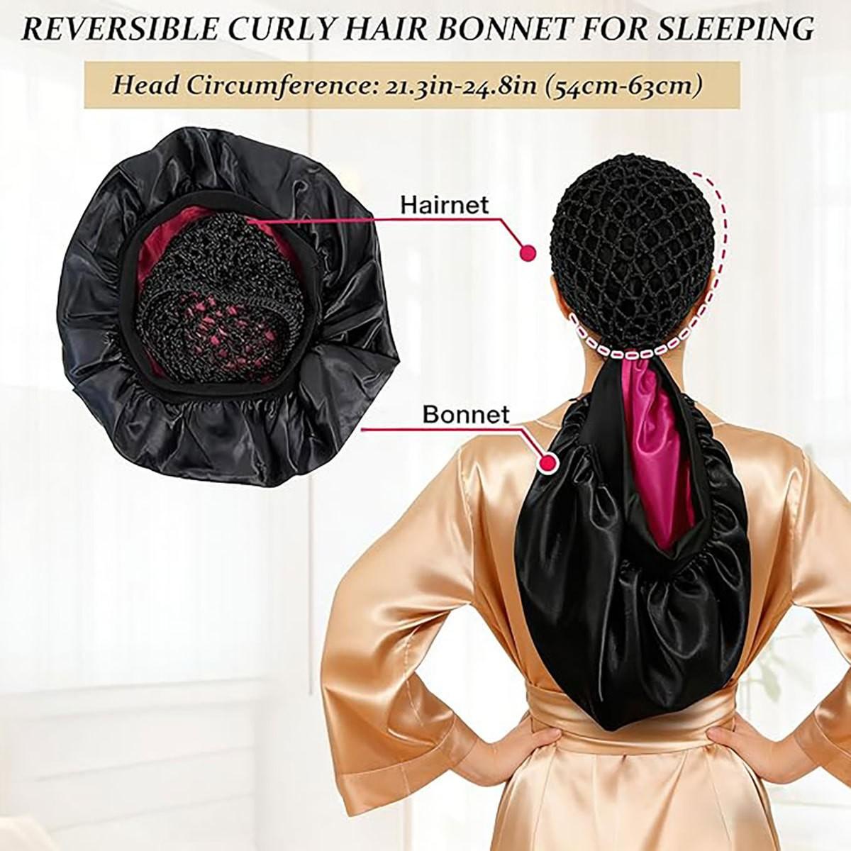 2-In-1 Satin Bonnet with Hairnet, Adjustable Wrap Cap for Curly/long Hair, Reversible Shower Cap, Reduces Frizz & Split Ends, Travel Friendly