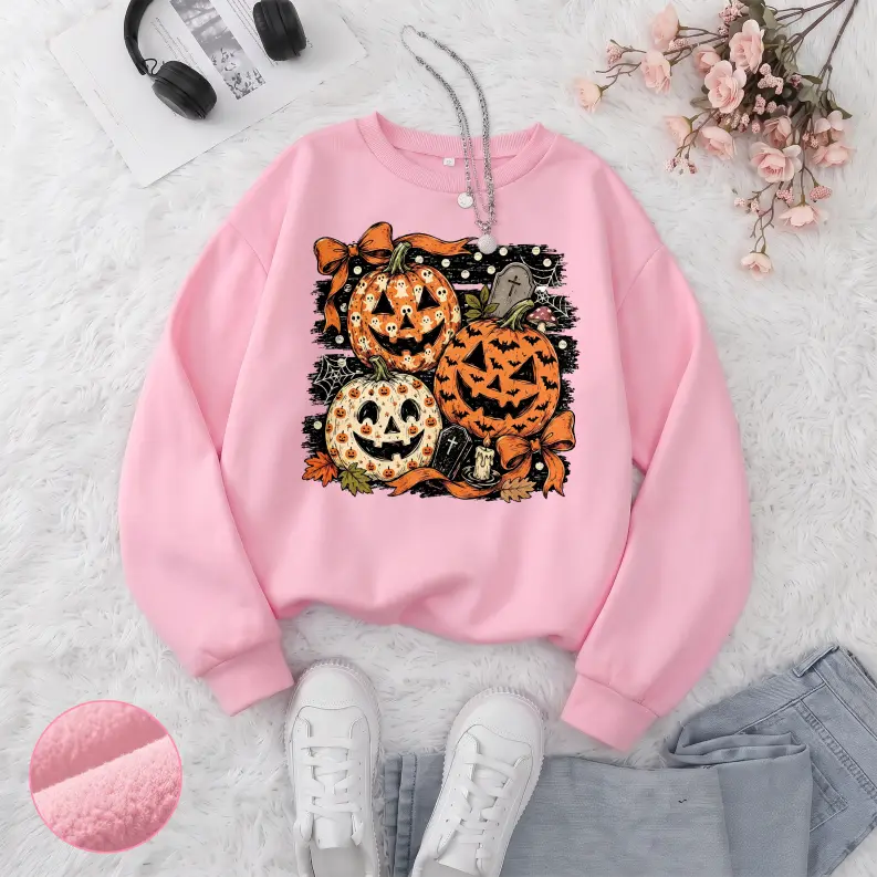 Women’s Vintage Jack-o’-Lantern Graffiti Sweatshirt, Halloween Pumpkin Graphic Oversized Crewneck Pullover, Fleece Lined Long Sleeve Loose Fit Y2K Streetwear Top for Fall Winter, Spooky Season Daily Wear and Weekend Outfits