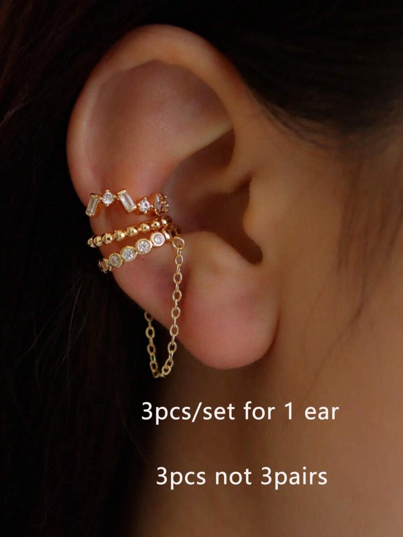 3pcs Shiny Sleek Appearance Cubic Zirconia Copper Chain Clip Earrings Set, Multi-Layer Stacking Earrings for Women, Ideal for Daily, Date, Party Wear