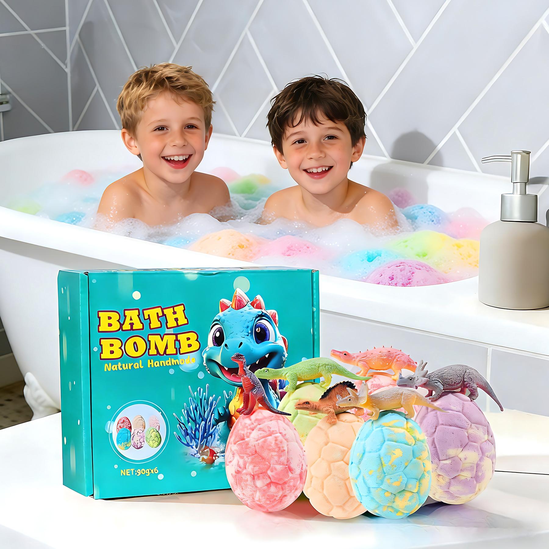 Dinosaur Egg Toy Bath Salt Balls Set, 6-Piece Natural Handmade Multicolor Bath Bombs with Surprise Toys, Gentle Soothing Bubble Bath Fun