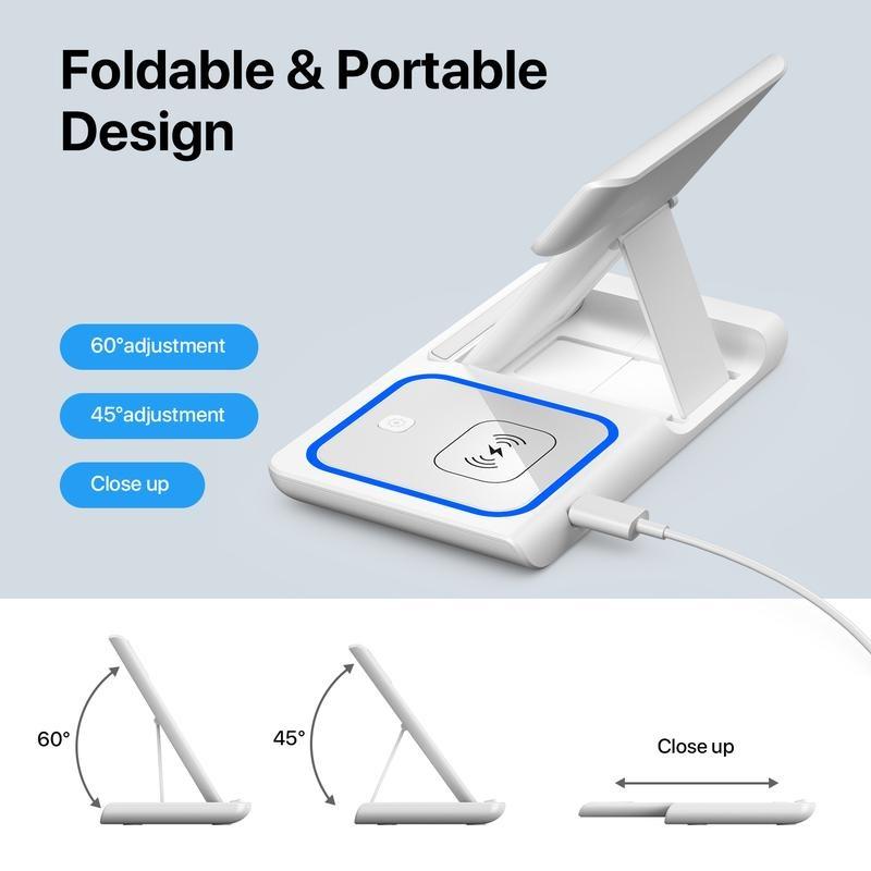 Three-in-One Wireless Charging Stand, suitable for iPhone 16, 15, 14, 13, 12, 11 X, Apple Watch 8, 7, Airpods. It is a base with a foldable design and fast charging function, suitable for electronic smartphones. Black/White Foldable Version