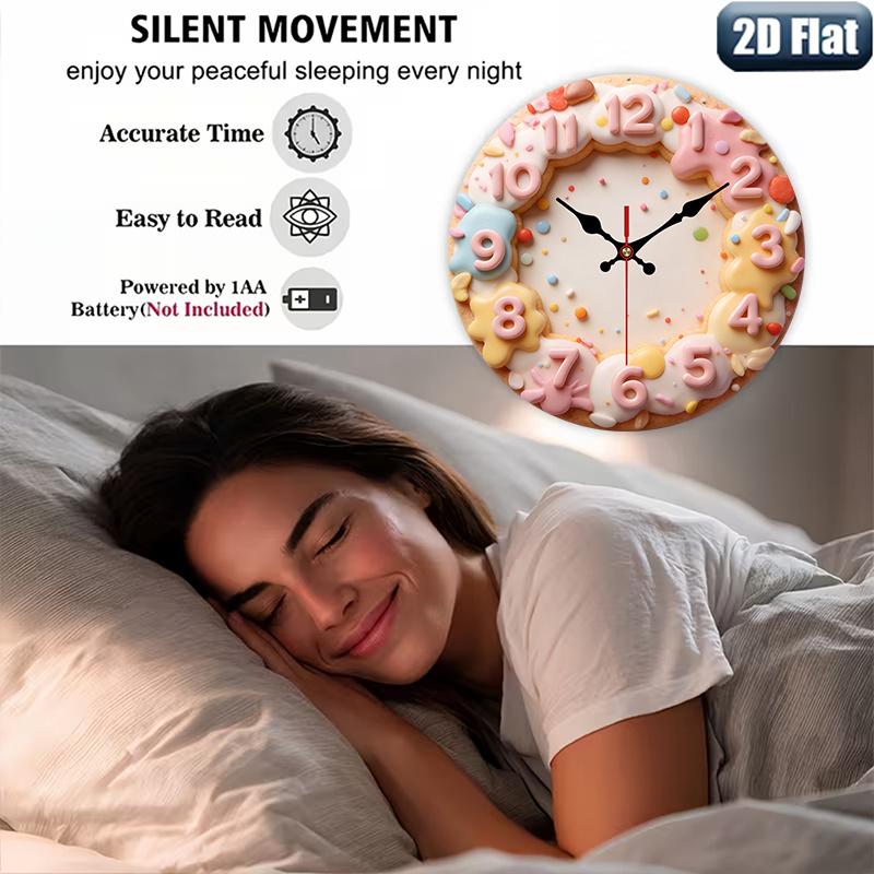 2D flat design. 1 piece set. Sweet Donut Cookie Creative Wall Clock, Silent Decorative Wall Clock, Creative Wall Clock, Suitable for Bedroom, Living Room, Office Decoration, 25/30 cm (excluding AA batteries), 2D Flat Version