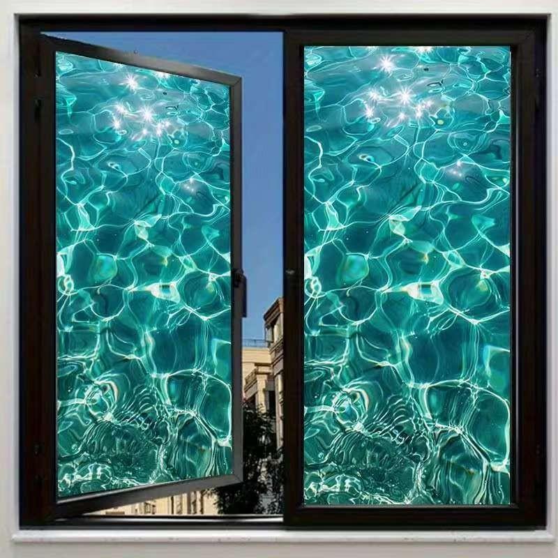 2D PVC Painted Glass Film, Reusable Blue Wave Wallpaper, Easy Removal, Ideal for Living Room, Bathroom, Bedroom, Office Decor
