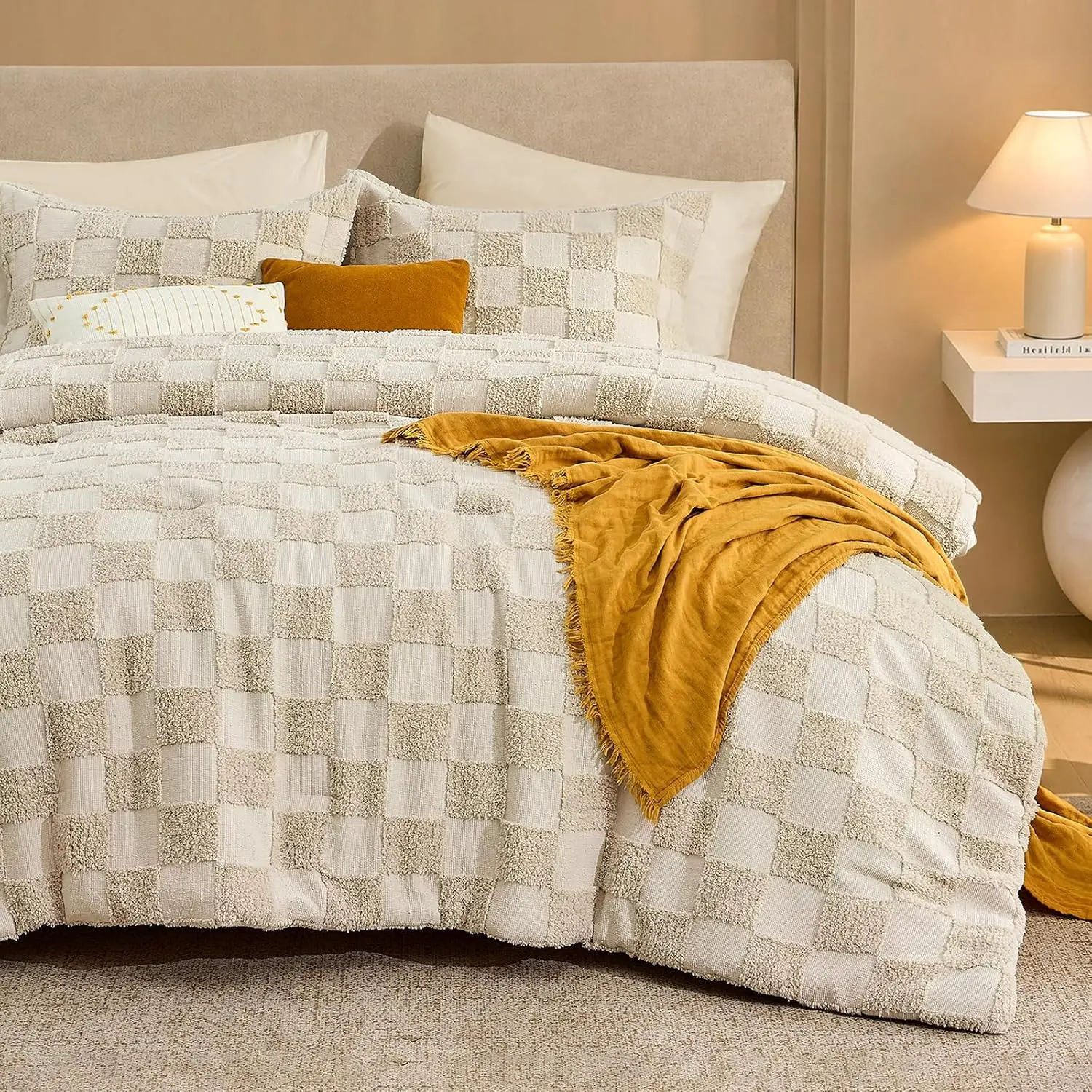 Checkered Comforter  Set, 3 count Boho Bedding, Tufted Bed, Beige