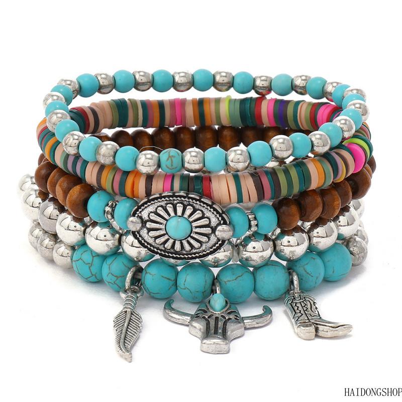 Viral Western Cowgirl Aesthetic Turquoise Bull Head Hat Layered Stretch Beaded Bracelet Set, Multi-Piece Stackable Country Boho Wrist Jewelry, Trendy Accessory For Daily Wear Country Music Festival Outfit Styling fashion anniversary religious faith