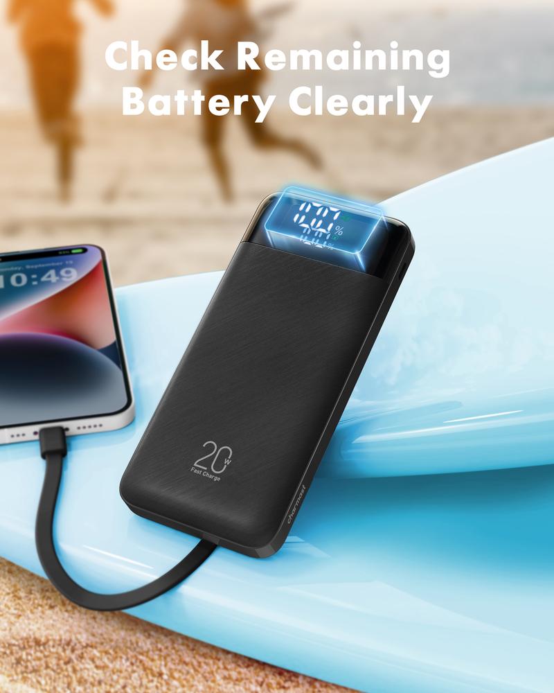 Charmast 20,000mAh Ultra-Slim Power Bank with 20W Fast Charging & Built-in Cables Portable Charger for Smartphones Tablets & USB-C Devices Rechargeable Battery Pack Black