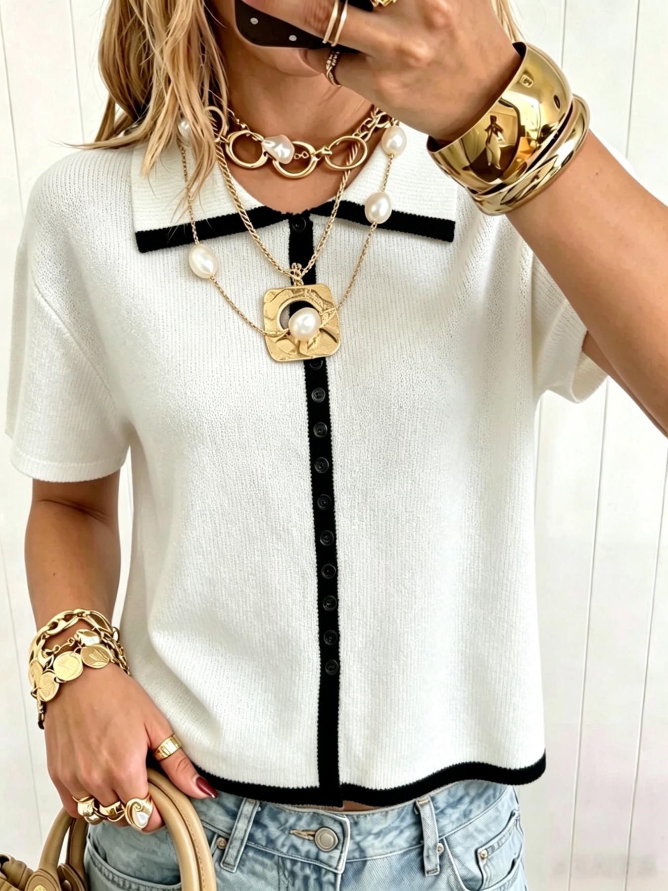 Elegant Polo Neck Button Front Pullover, Casual Colorblock Short Sleeve Top, Loose Fit Fall Fashion Women's Sweater