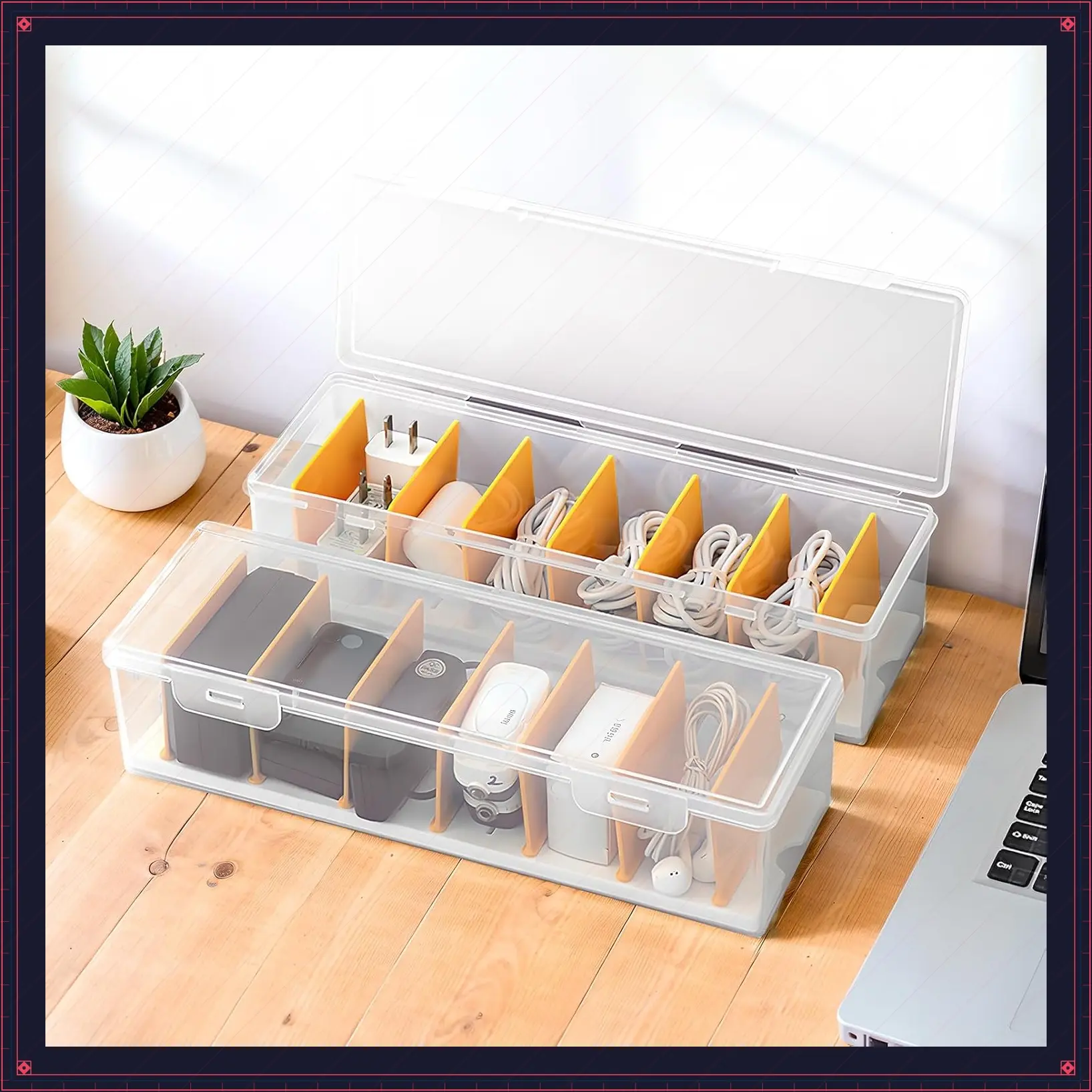 2 Pack Clear Stackable Cable Organizer Box with Lid, Plastic Charger Cord Storage Organizer for Office Desk, Home Drawer, and AccessoriesGift