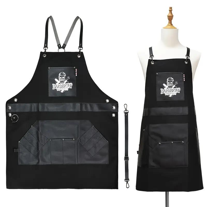 [Barber Apron] One Durable and Practical Barber Apron - Anti-Static Synthetic Synthetic Leather, Available in Two Colors with Adjustable Straps, Multiple Pockets for Hairdressing Tools Gift Black
