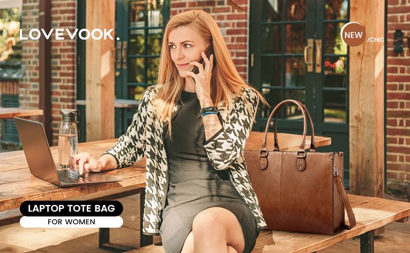 LOVEVOOK Laptop Bag for Women, 15.6-17.3 inch Vegan Leather Laptop Tote Bag Large Capacity Vintage Leather Work Bags for Women Computer Bag Office Briefcase Handbag. Durable. TikTokShopJumpstartSale